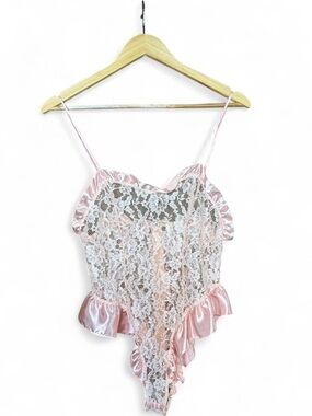 Vintage Victoria's Secret Gold Label 90s Pink Lace & Satin Ruffle Teddy Angel